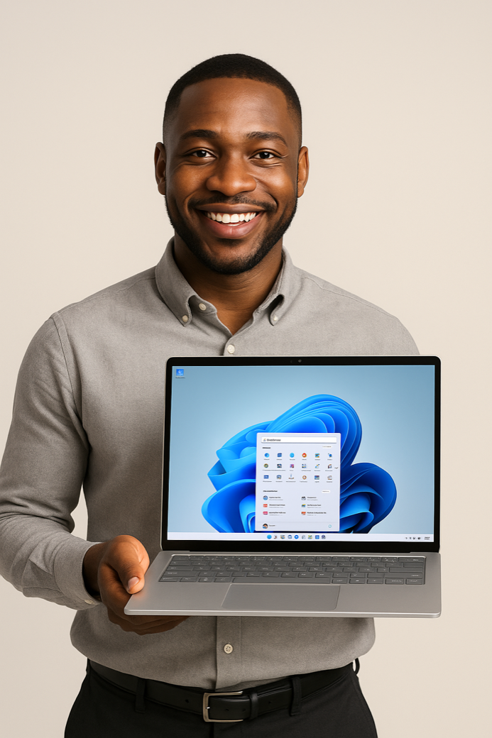 A smiling professional presenting a genuine Microsoft Windows laptop